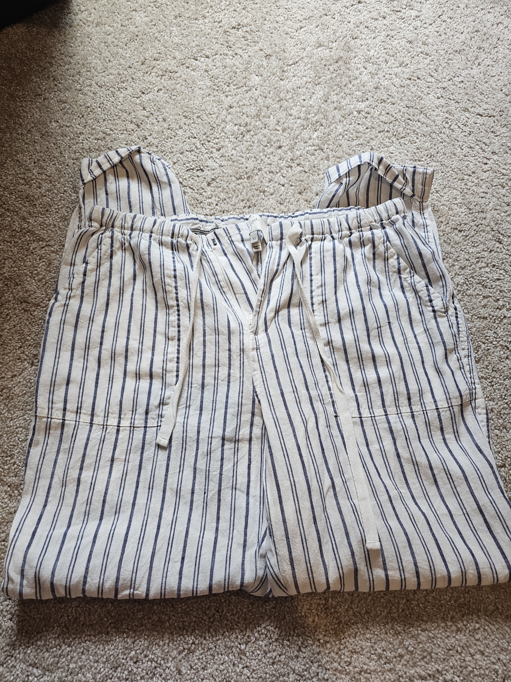 Joie Striped Drawstring Linen-Blend Pants - White & Navy - Picture 2 of 7